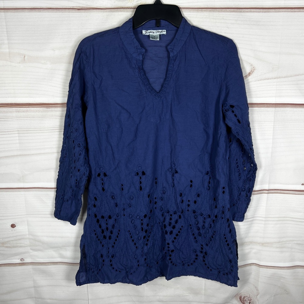 Jessica Taylor Eyelet Tunic Blouse Women Medium Blue Cotton V-Neck 3/4 Sleeve